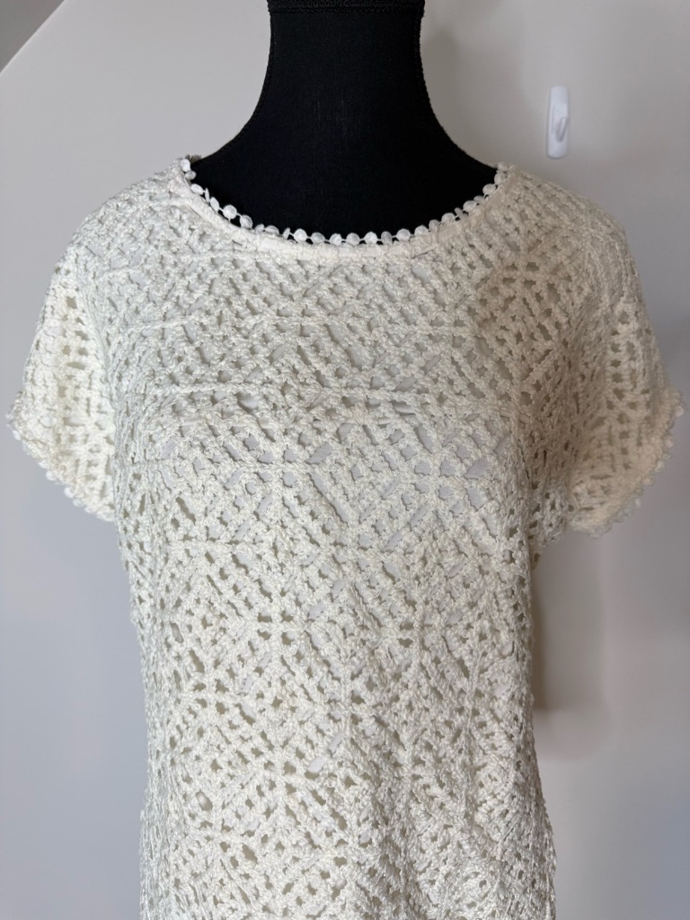 CABLE & GAUGE Cream Crochet Knit Short Sleeve Top Tee Boho Size Large - Picture 4 of 12
